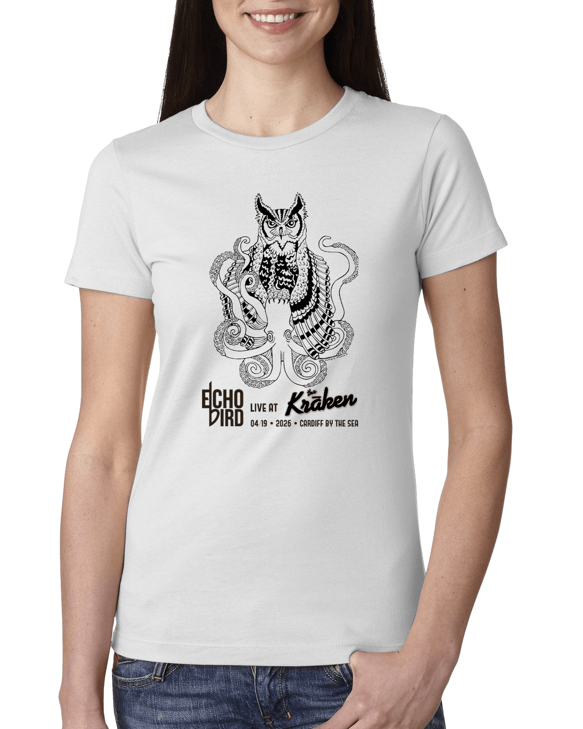 Echo Bird Live @ the Kraken - OwlPuss Ladies' Classic The Boyfriend Tee - White - S